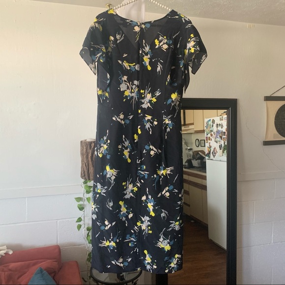 Lewit Navy Blue Floral Print 100% Silk Midi Dress - Picture 3 of 9